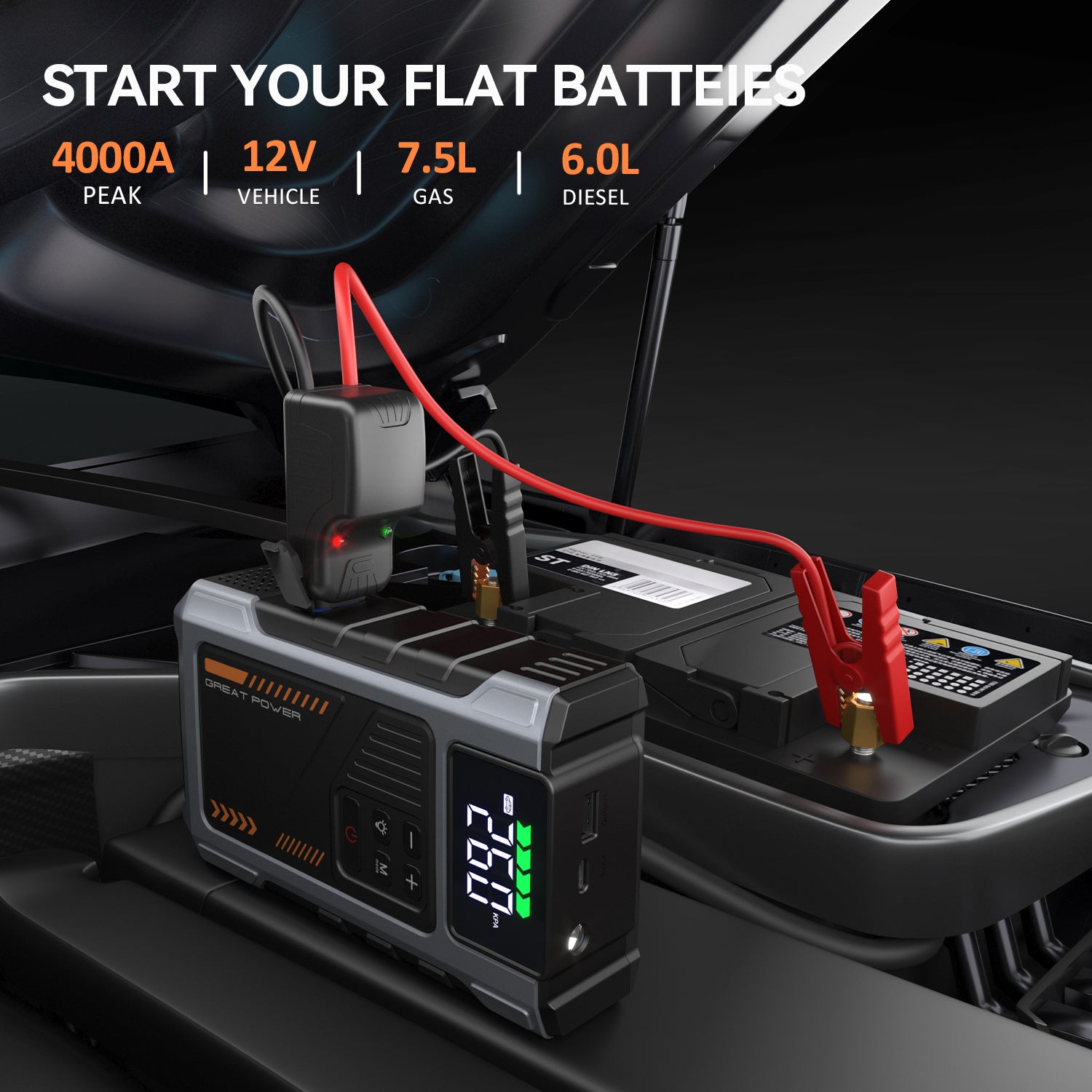 Portable Jump Starter with Air Compressor 4000A Peak with 150PSI Tire Inflator
