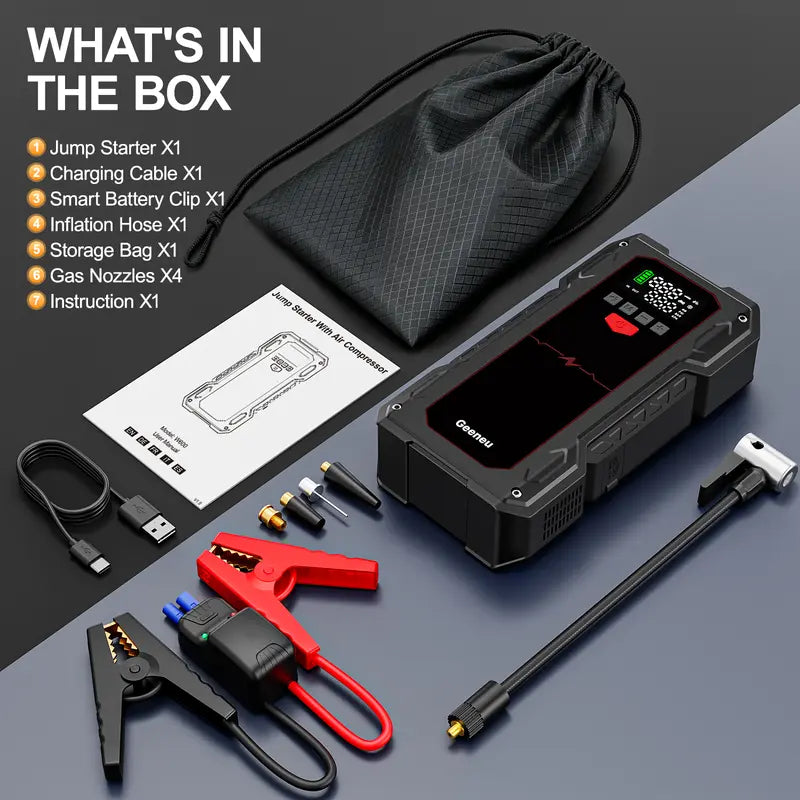 6000A  Portable Car Jump Starter with Air Compressor (ALL Gas/10.0L Diesel) geeneu