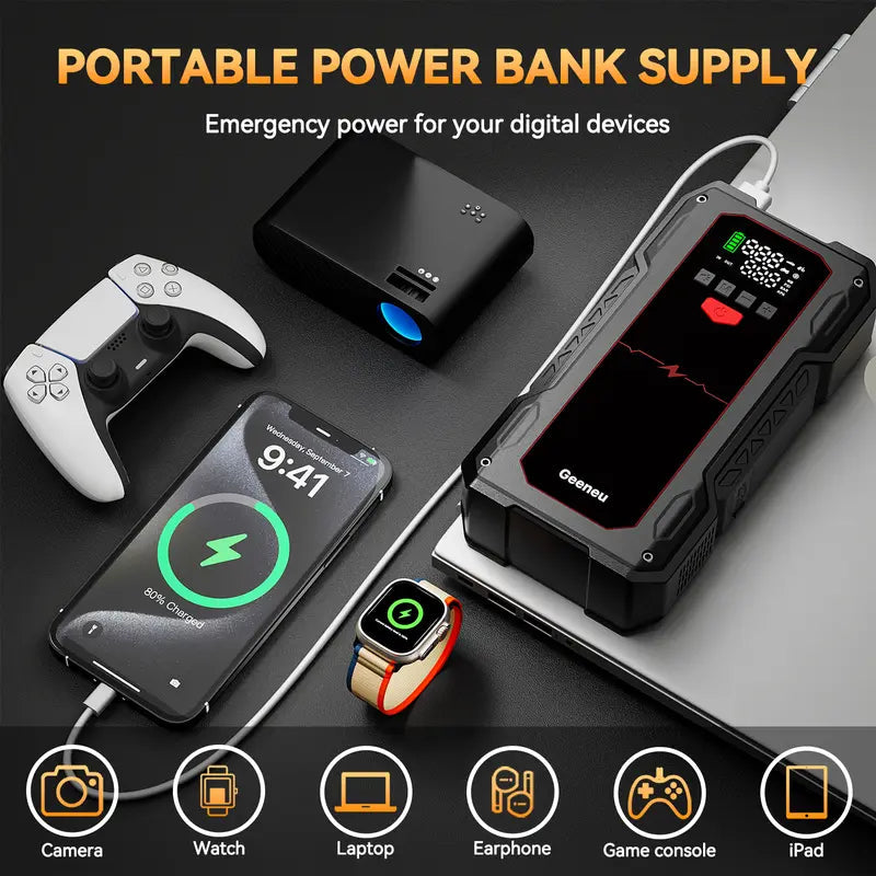 6000A  Portable Car Jump Starter with Air Compressor (ALL Gas/10.0L Diesel) geeneu