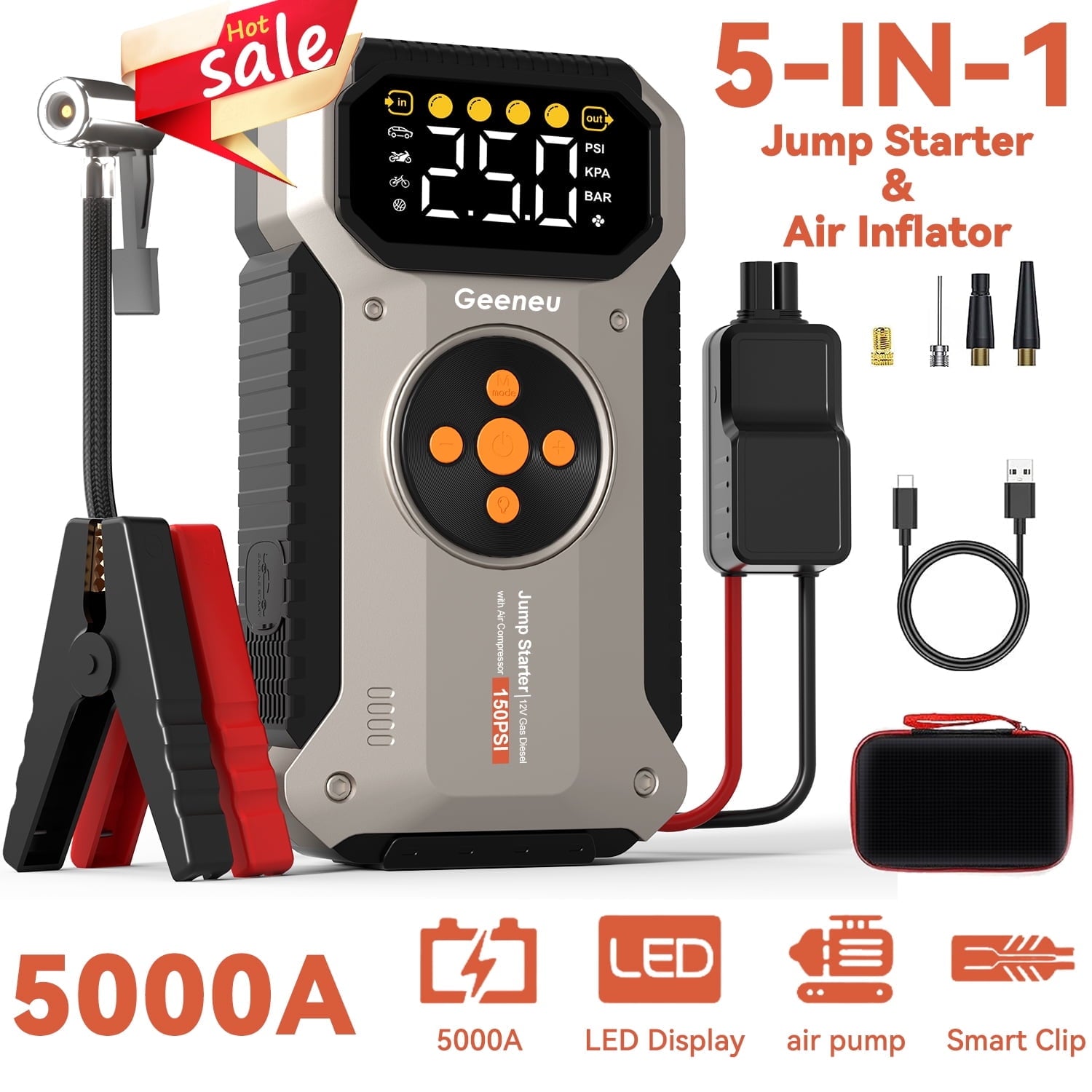 Jump Starter with Air Compressor,  5000A Peak Jump Box Starter for Car Battery