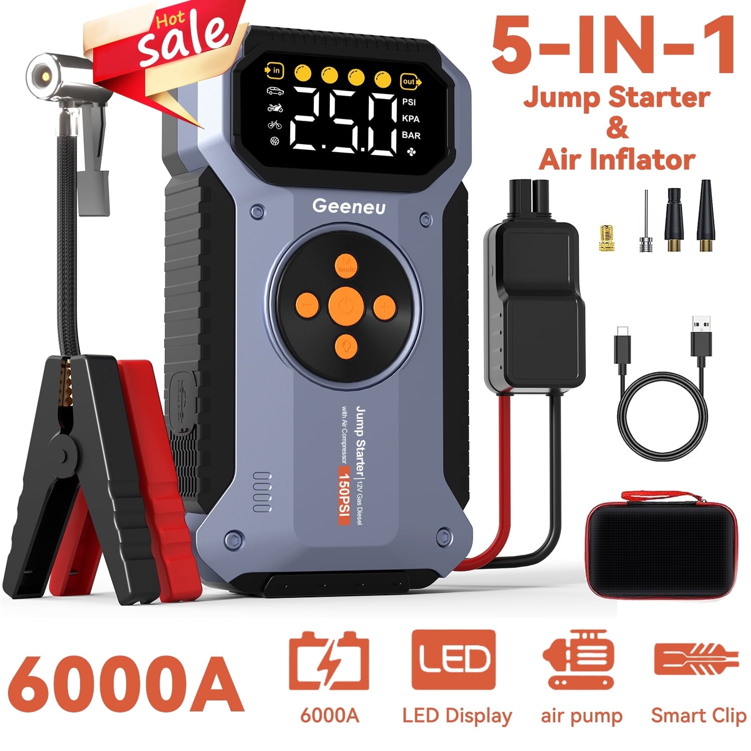 Jump Starter with Air Compressor, Portable Jump Box 6000A Peak Car Battery