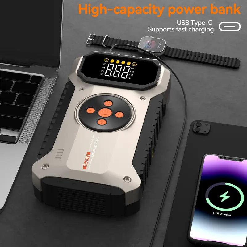 7000A Car Jump Starter with 150PSI Air Compressor. Portable auto battery pack for 9.0 Gas/10.0L Diesel. Includes tire pressure monitor & power bank. Shop vehicle essentials! geeneu