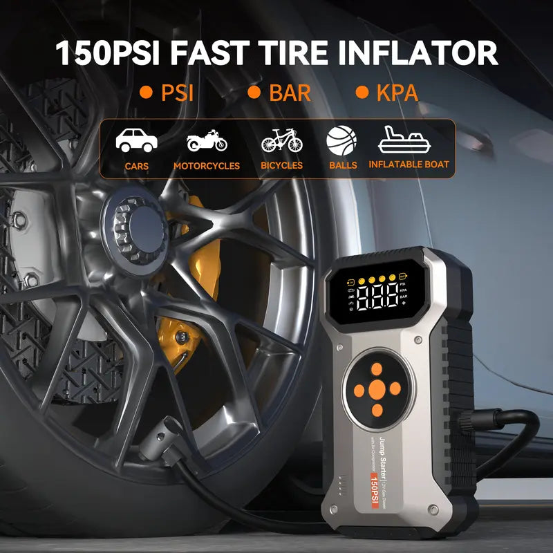 7000A Car Jump Starter with 150PSI Air Compressor. Portable auto battery pack for 9.0 Gas/10.0L Diesel. Includes tire pressure monitor & power bank. Shop vehicle essentials! geeneu