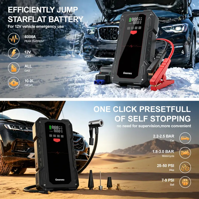 6000A  Portable Car Jump Starter with Air Compressor (ALL Gas/10.0L Diesel) geeneu