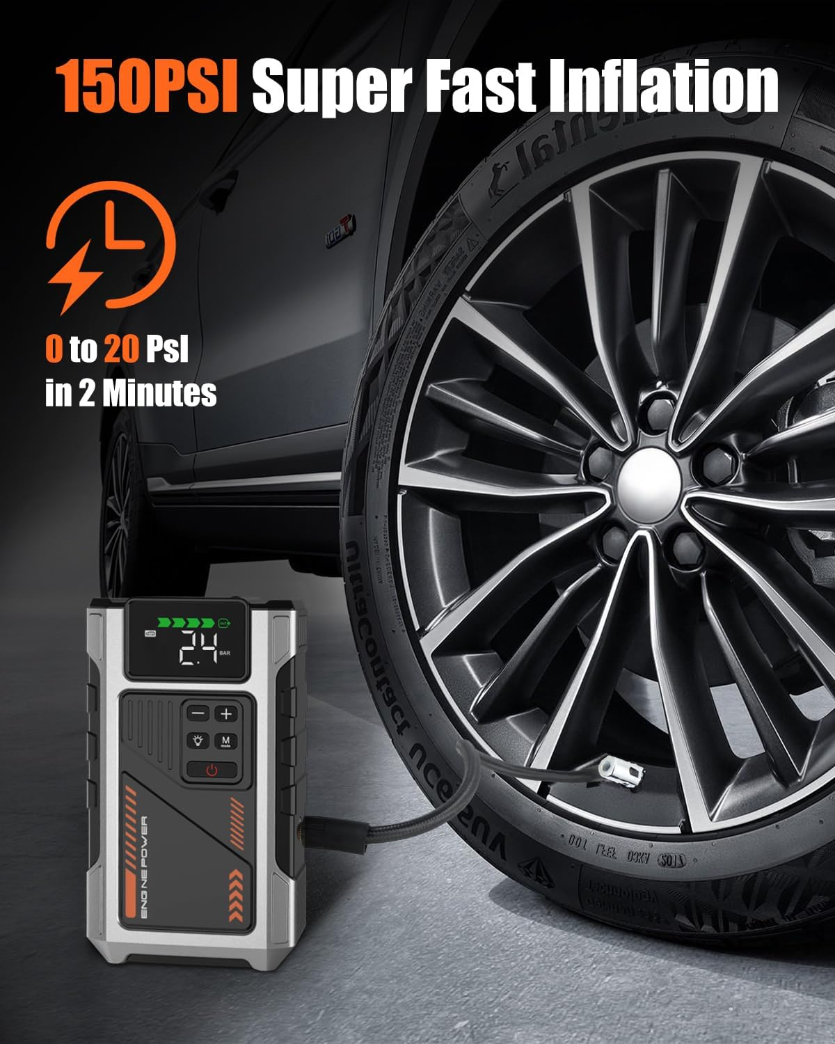 Portable Jump Starter with Air Compressor 6000A Peak with 150PSI Tire Inflator