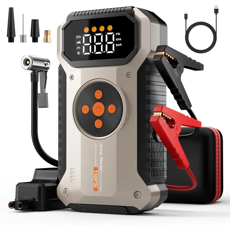 7000A Car Jump Starter with 150PSI Air Compressor. Portable auto battery pack for 9.0 Gas/10.0L Diesel. Includes tire pressure monitor & power bank. Shop vehicle essentials! geeneu