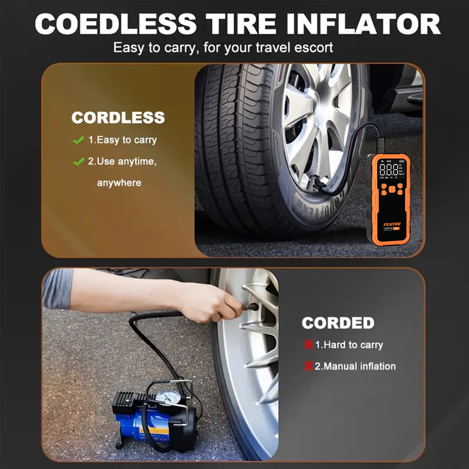 Featou P2 Pro Portable Tire Inflator(orange) 150PSI High-Pressure with Smart ON/OFF Hose Design