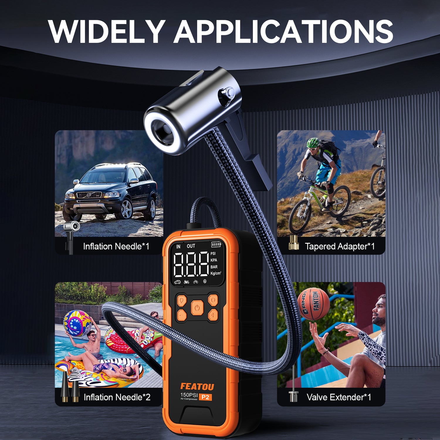 Featou P2 Pro Portable Tire Inflator(orange) 150PSI High-Pressure with Smart ON/OFF Hose Design