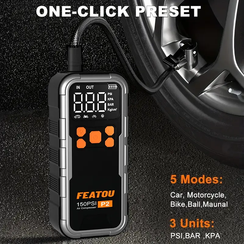 Featou P2 Pro Portable Tire Inflator 150PSI High-Pressure with Smart ON/OFF Hose Design
