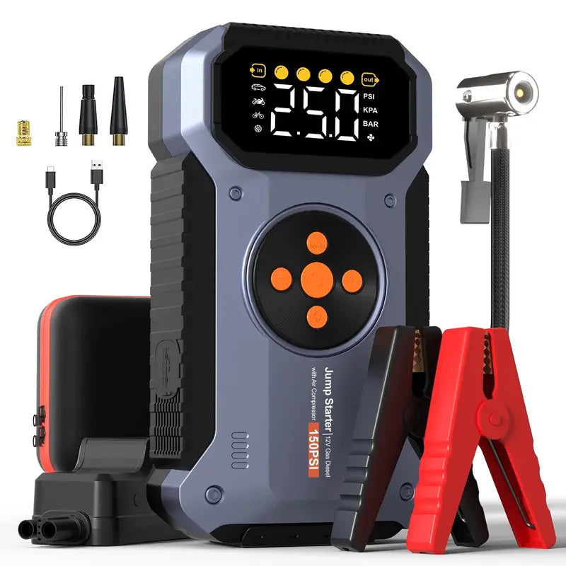 7000A 5-in-1 Compact Portable Jump Starter Emergency Kit - 12V Car Accessory, 150PSI Air Compressor geeneu