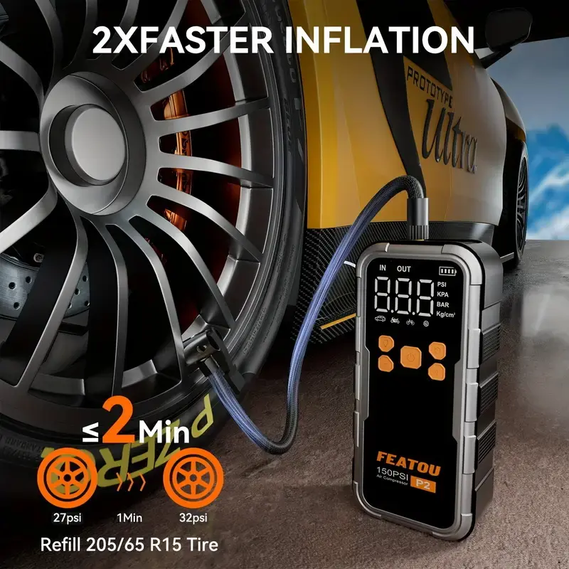 Featou P2 Pro Portable Tire Inflator 150PSI High-Pressure with Smart ON/OFF Hose Design