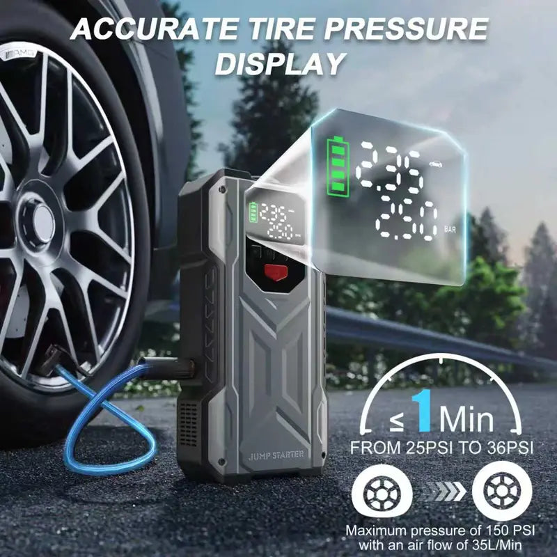 16000mAh Car Jump Starter with Built-in Air Compressor - 12V Vehicle Starter Power geeneu