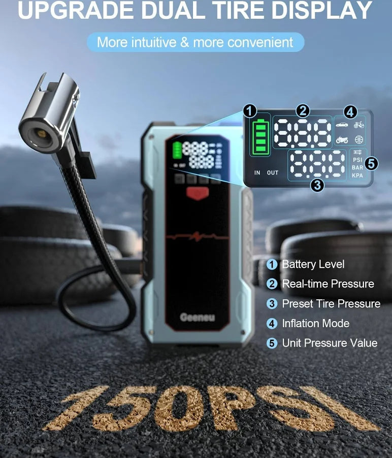 Portable 6000A Car Battery Jumper Starter with Air Compressor geeneu