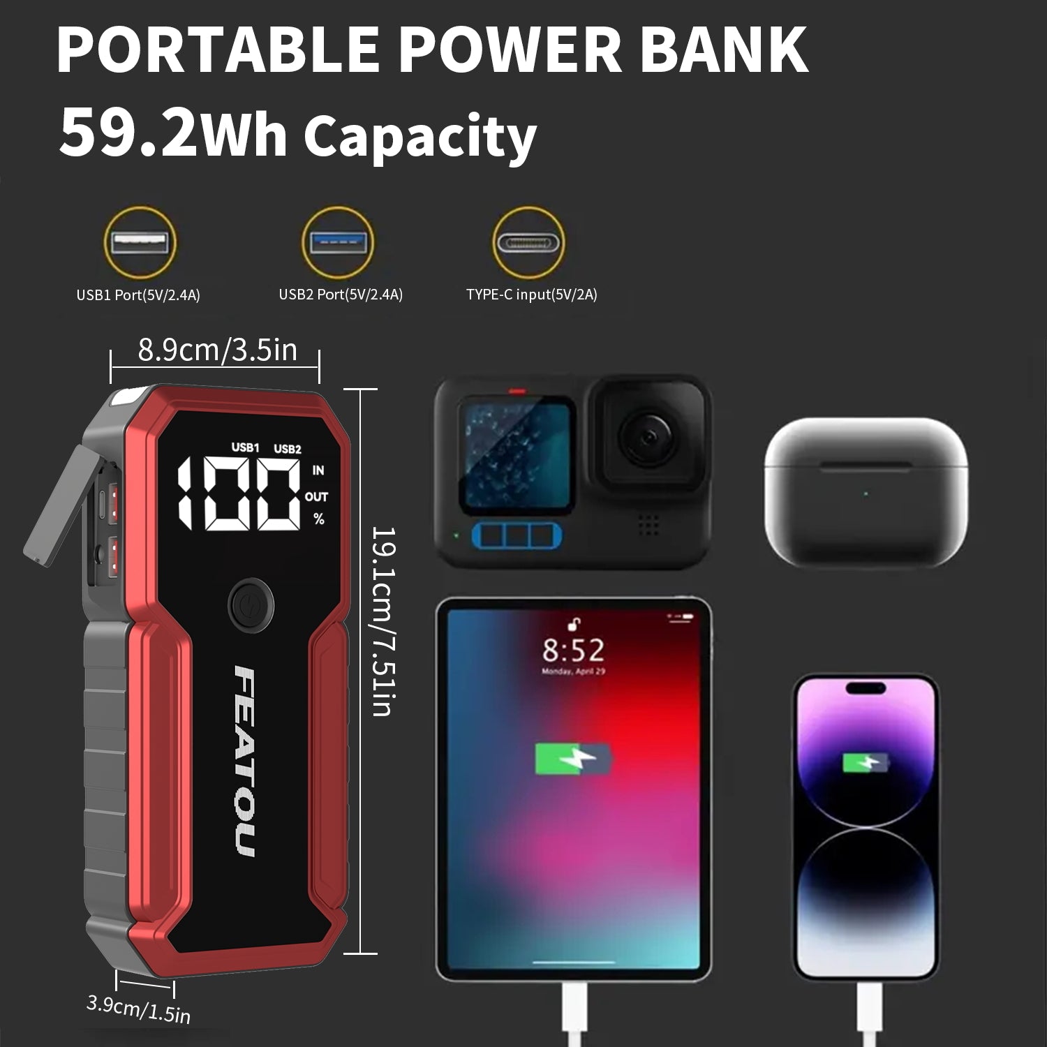 Portable Car Jump Starter,5000A Peak 12V Battery