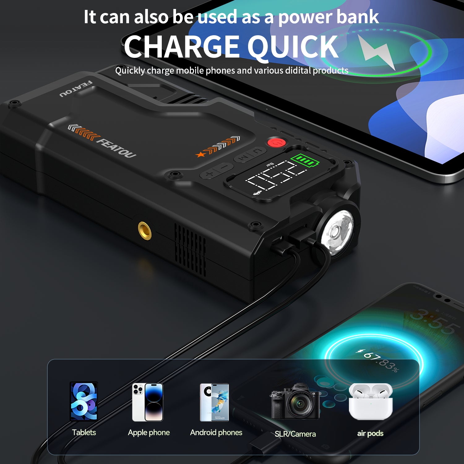 5000A Peak Portable Car Jump Starter with Air Compressor